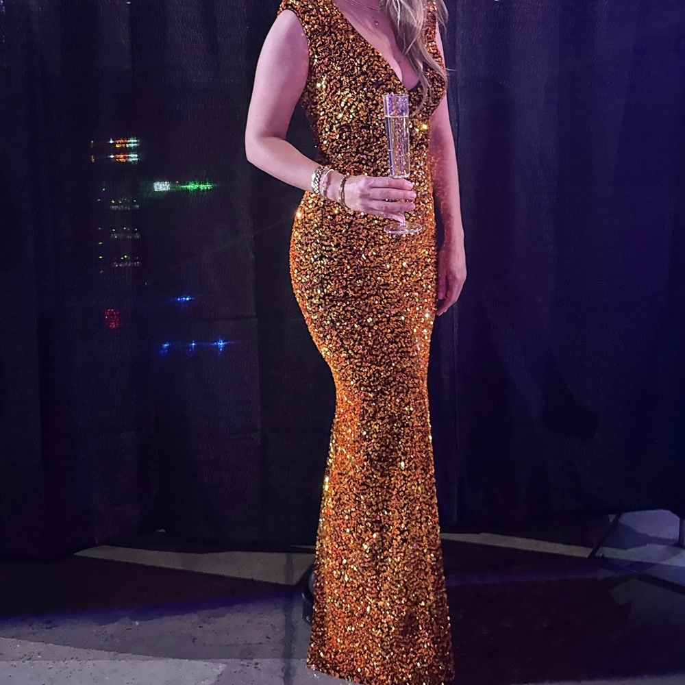 Glamorous Glitter/Sequin Gown- Black velvet with Orange sequin